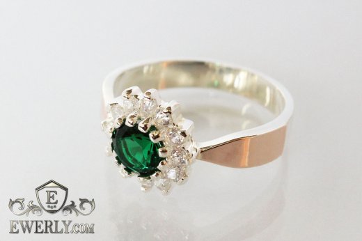 Women's ring of silver with gold and green cubic zirconia, фото