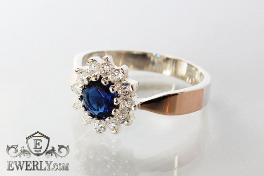 Women's silver ring - star with gold and blue cubic zirconia, фото