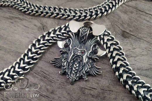 Кулон с викингом и широкая цепь из серебра, фото