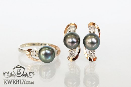 Срібні сережки і кільце з чорним перлами, фото