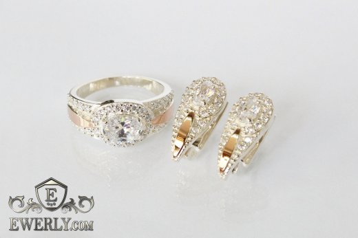 Серебряные серёжки и кольцо с белыми камнями, фото