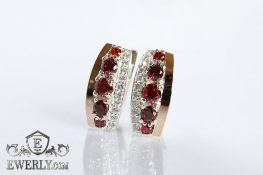 Серебряные серьги с фианитами (цвет-гранат), фото