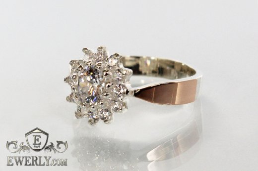 Silver shaped-star ring with gold and white cubic zirconia, фото