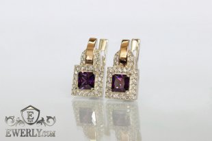 Серебряные серьги с золотыми вставками и фианитами (цвет-аметист), фото