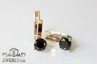 Серьги из серебра с золотом и фианитами (чёрный цвет), фото