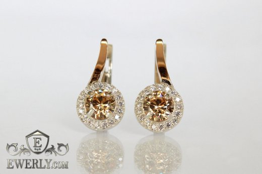 Серебряные серьги с камнями (цвет - шампань), фото