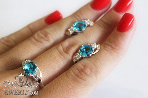 Сережки і кільце зі срібла з блакитним камінням, фото