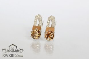 Серебряные серьги с фианитами (цвет - шампань), фото