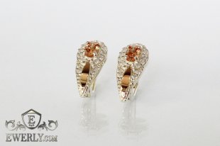 Серебряные серьги - капли с золотом и камнями (цвет шампань), фото