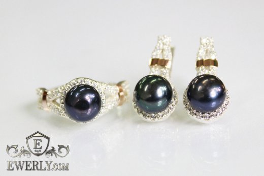 Комплект для жінок з сережок і кільця з чорним перлами, фото