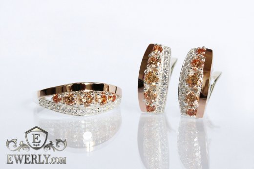 Кольцо и серёжки из серебра с золотом (камни цвета-шампань), фото