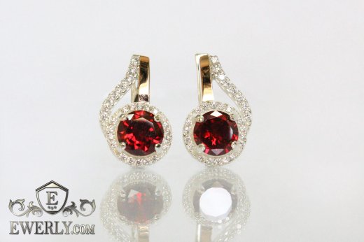 Серебряные серьги с фианитами (гранатовый цвет), фото