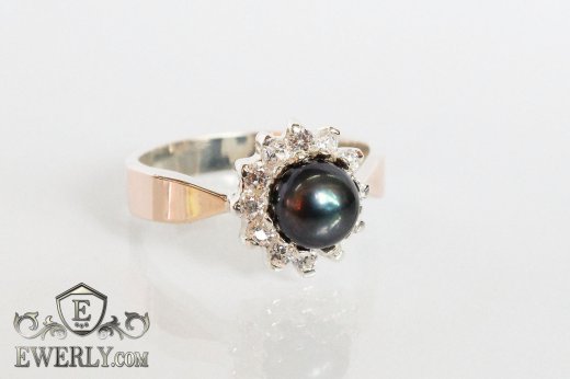 Silver ring - star with black pearl (cubic zirconia), фото