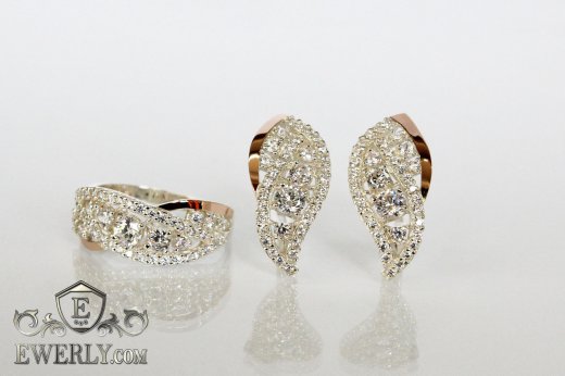 Жіночий набір: сережки і кільце зі срібла з білими каменями, фото