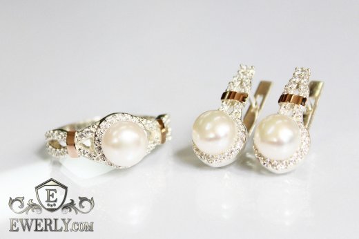 Набор для женщин из серёжек и кольца с белым жемчугом, фото