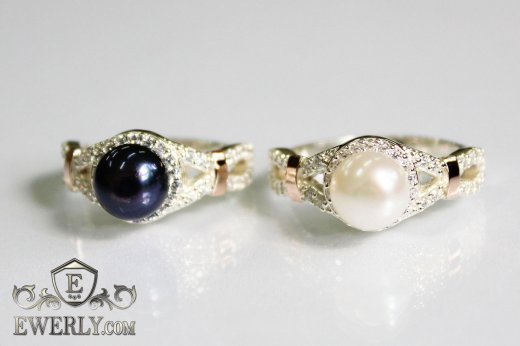 Срібне кільце з чорним фіанитом - перлами, фото