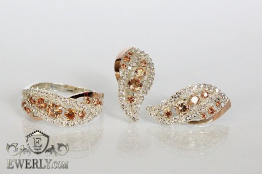 Жіночий набір: сережки і кільце зі срібла з каменями (колір-шампань), фото